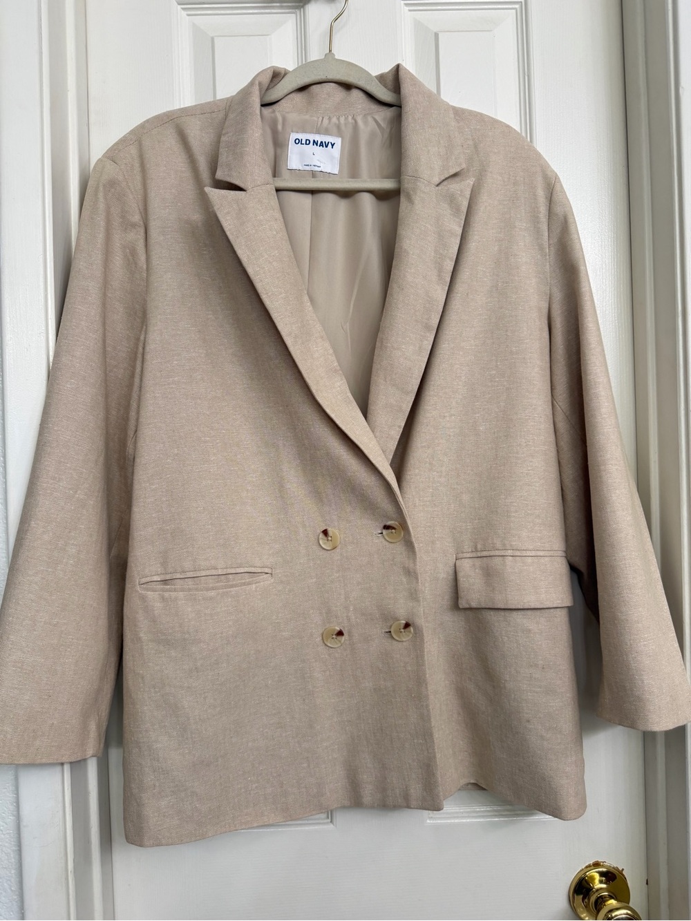 7108 Old Navy Women Linen Blend Beige Double-Breasted Tailored Blazer